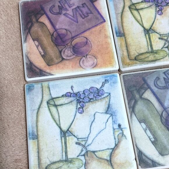 NWOT Beautiful Ceramic Wine Motif Drink Coasters - Qty 4 - Picture 5 of 6